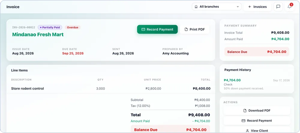 Orbita invoice marked partially paid with payment history and balance due