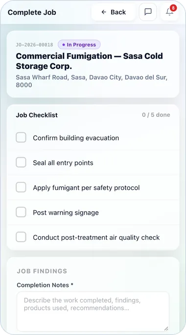 Mobile Complete Job screen with fumigation checklist and findings notes