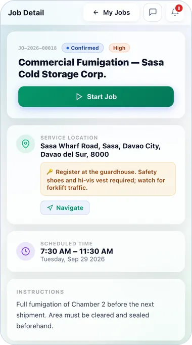 Mobile job detail with service location, access notes and Navigate button