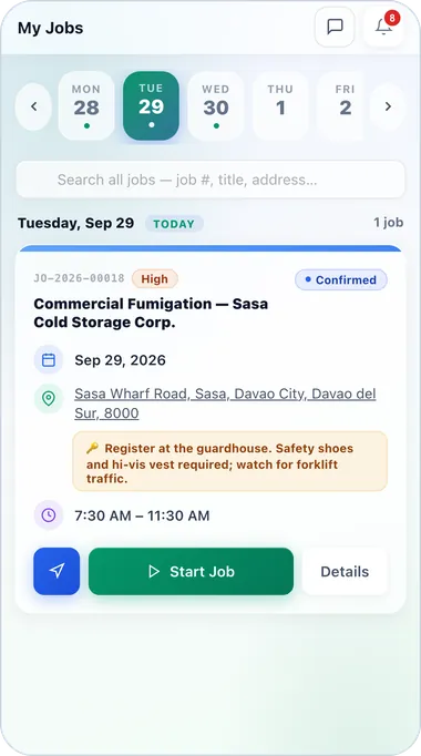 Technician mobile view of today's jobs with address, access notes and a Start Job button